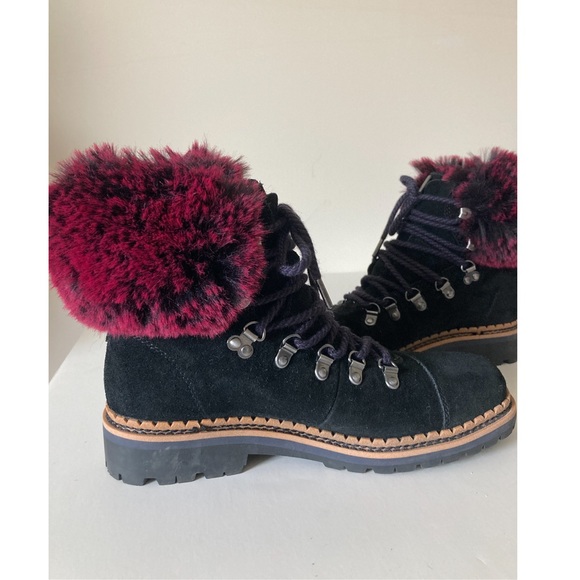 Sam Edelman Black Lace up ankle boots with red faux fur ankle trim size 7.5 - Picture 6 of 9